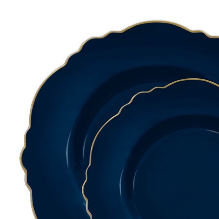 Smarty Had A Party Navy w/Gold Rim Round Blossom Plastic Dinnerware  Set (120 Dinner Plates+120 Salad Plates), 240PK 4840NG-VP-CASE